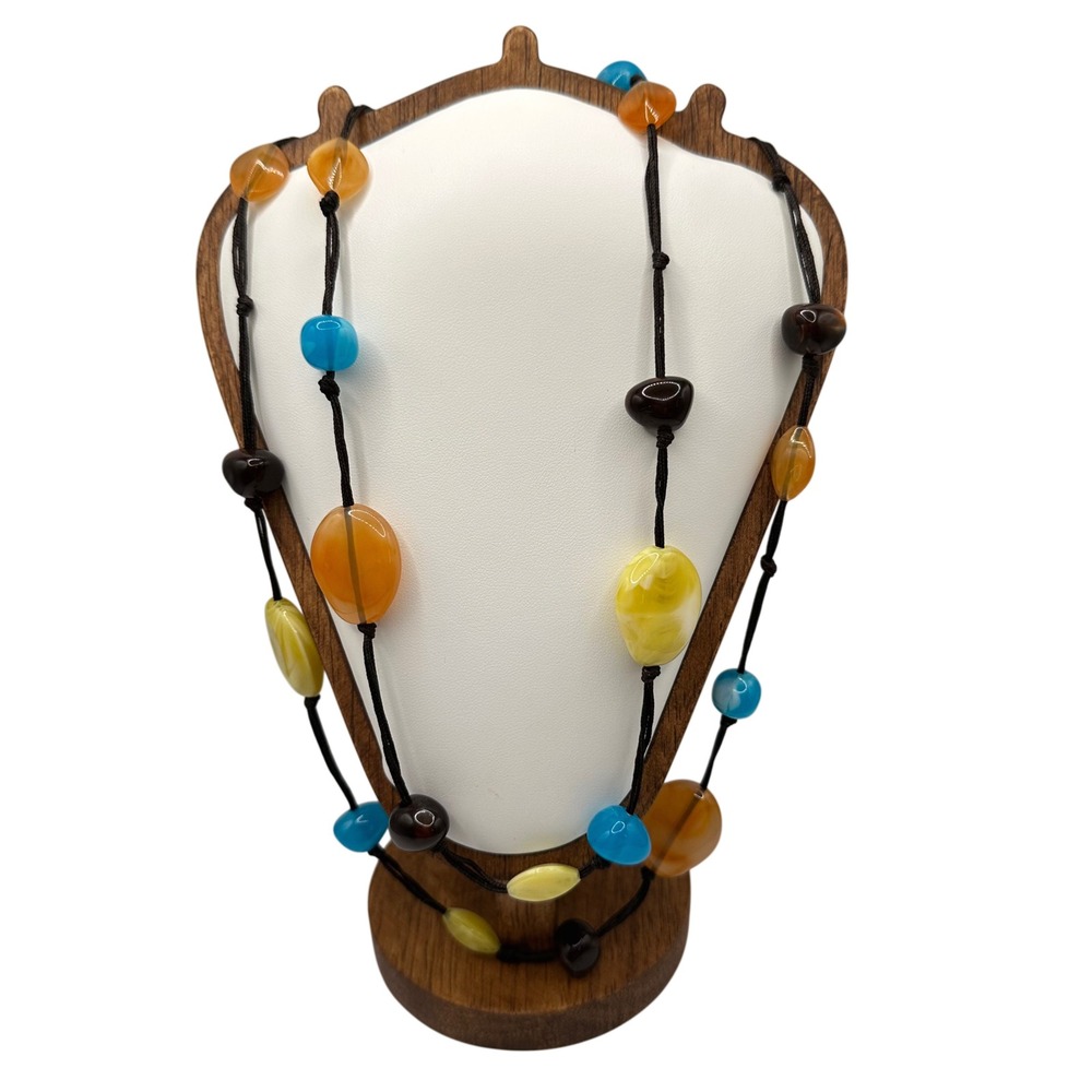 VTG Monet Multi Color Glass Bead Long Cord Necklace Blue Amber Yellow Brown Boho